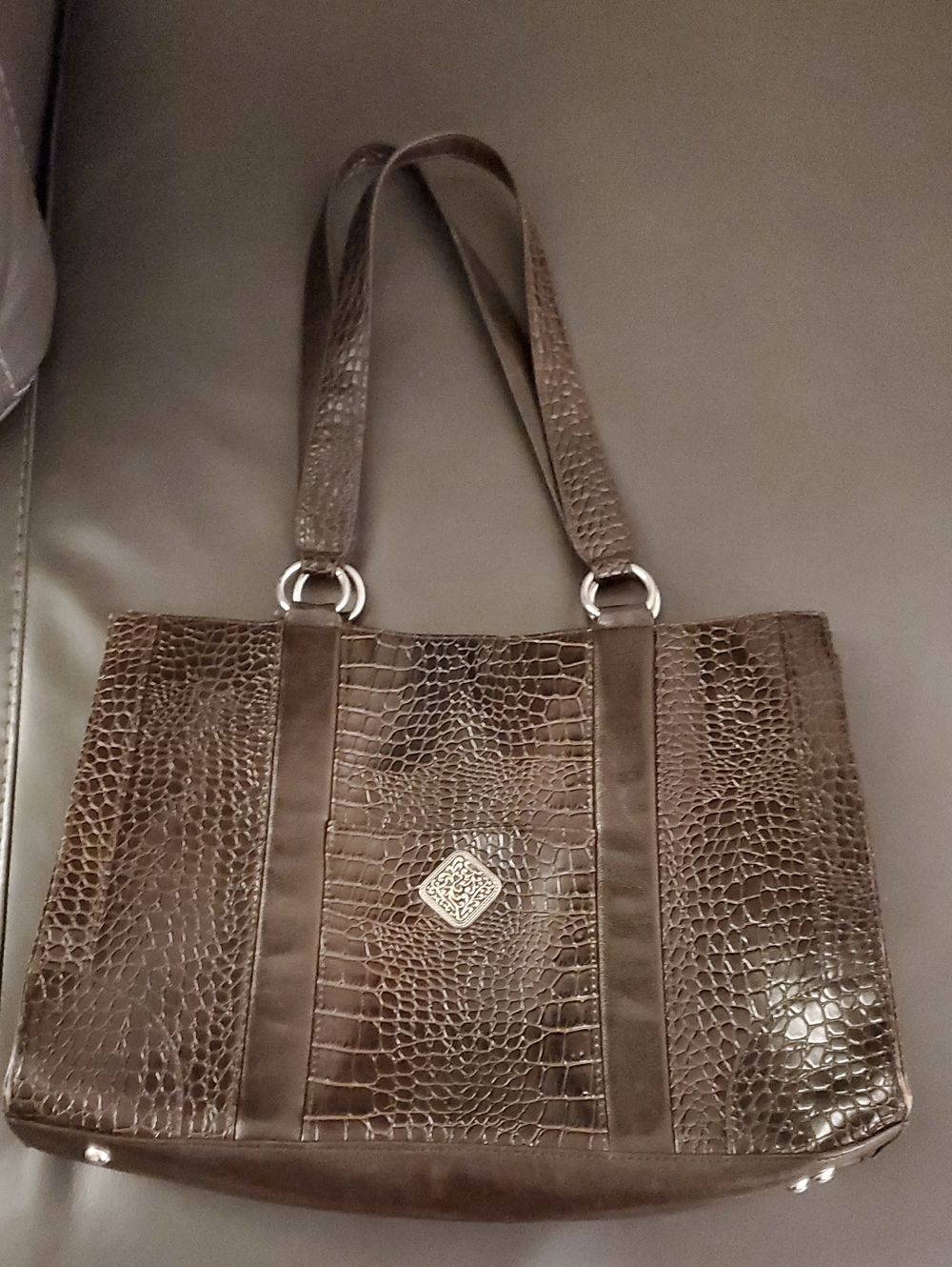 Coldwater Creek Large Brown Faux Croc Embossed Leather Tote Bag Purse